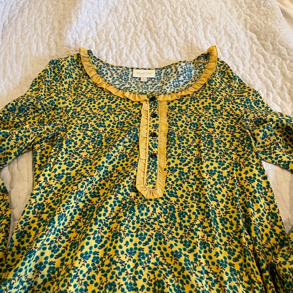 ModCloth size small yellow and teal floral print long sleeve blouse